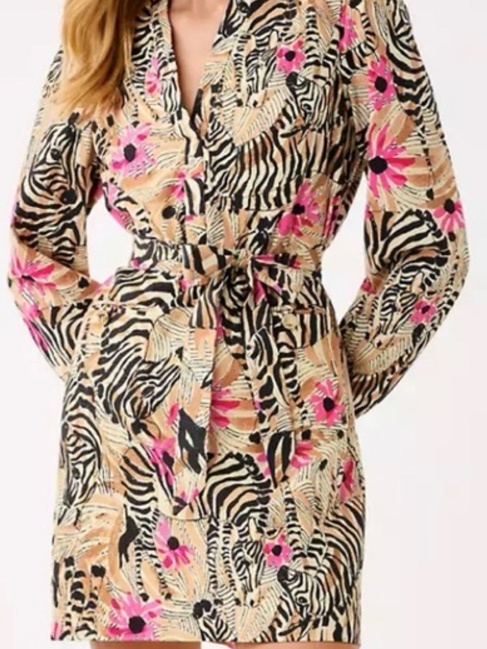Lilly Pulitzer Pink, Black & Tan Floral Zebra Long-Sleeve Belted Dress